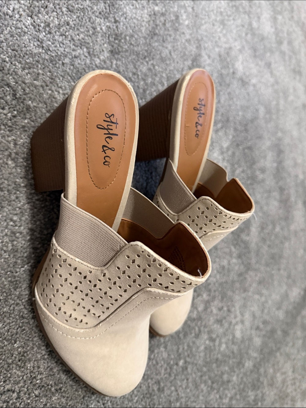Style & Co. Beige Perforated Suede Block Heel Mules
